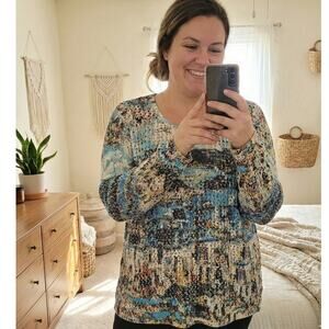 FDJ coastal print crochet sweater XL blue white gray nautical